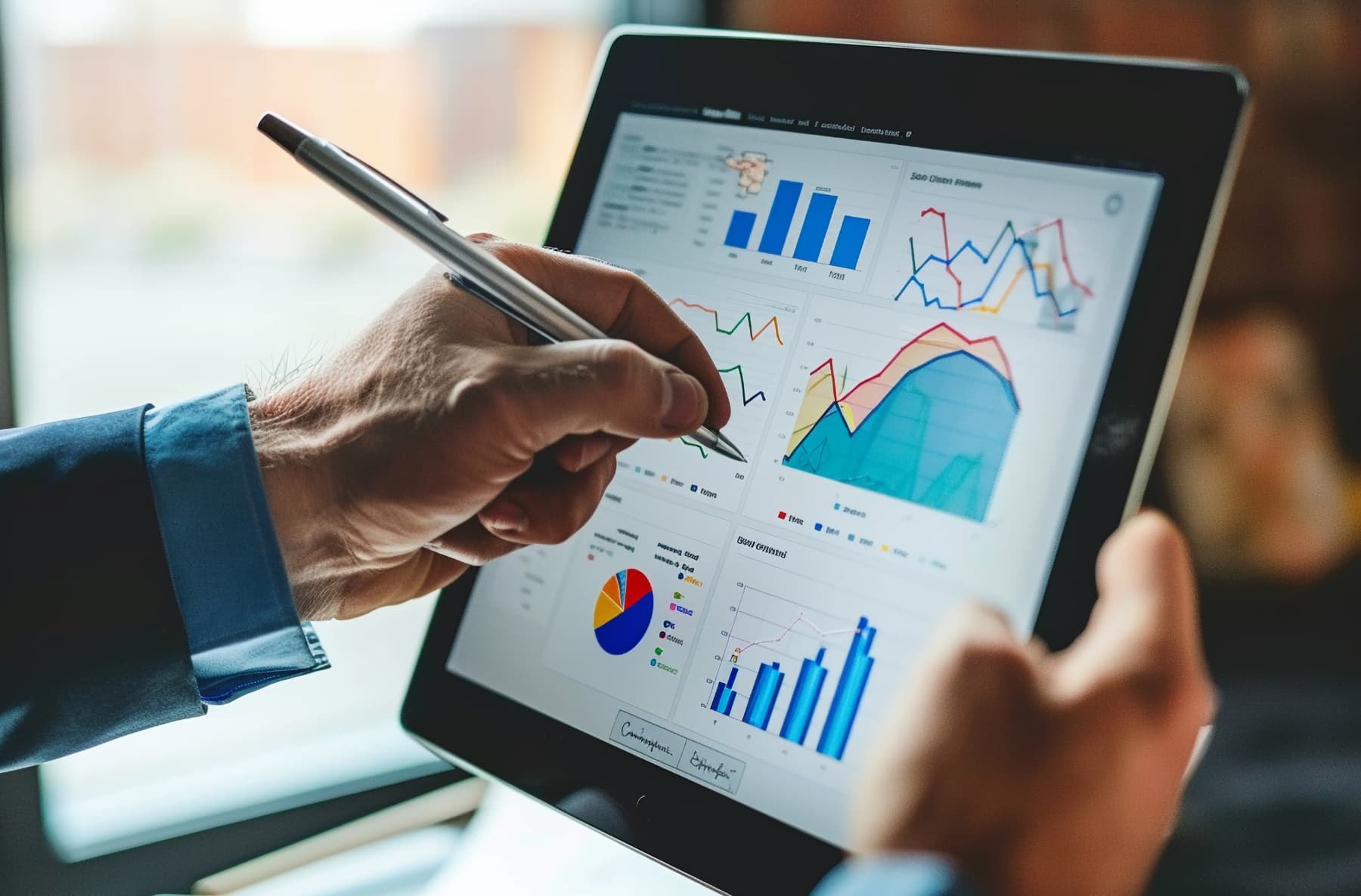Mano de un hombre con traje usando una plumilla para señalar gráficas en su tablet, demostrando la importancia de seguir el crecimiento y las estadísticas de clientes con un CRM