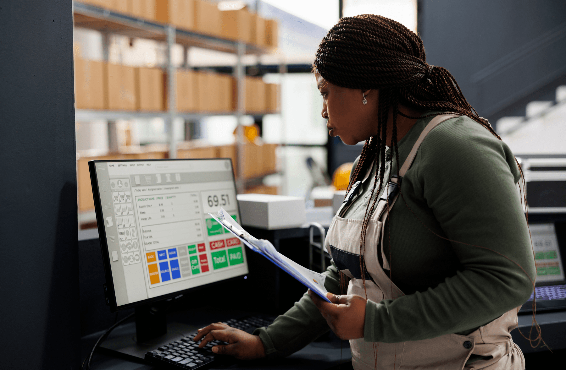 Una mujer dentro de una oficina en un almacén revisa su computadora para obtener la información más actualizada de su inventario.